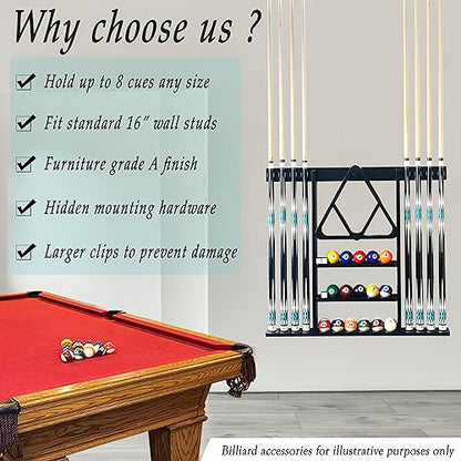 Wall Mount Pool Cue Stick Holder, Black Solid Wood Rack for 8 Cues - color: Black