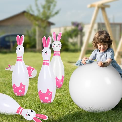 Foilswirl 12 Pcs Kids Easter Bunny Bowling Set with 10 Bunny Bowling Pins and 2 Balls Inflatable Easter Bunny Games and Toys for Girls Boys Indoor Outdoor Party Event Family Holiday Activity