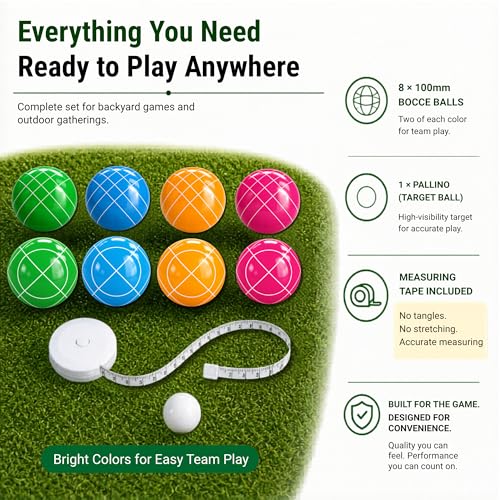 Bocce Ball Set - 100mm Resin, Pallino, Carry Bag & Measuring Tape | Bright Pink, Orange, Green & Blue Balls, Backyard, Lawn & Beach Play, Family Fun for 2-8, Great Gift