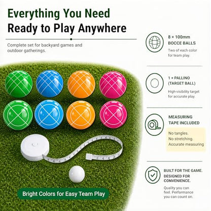 Bocce Ball Set - 100mm Resin, Pallino, Carry Bag & Measuring Tape | Bright Pink, Orange, Green & Blue Balls, Backyard, Lawn & Beach Play, Family Fun for 2-8, Great Gift