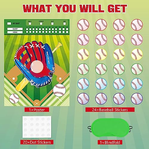 WERNNSAI Pin The Baseball on The Glove Game - Sport Birthday Party Decorations Baseball Party Games Poster with 24 Pcs Stickers for Kids Boys Family Birthday Carnival Supplies - style: Baseball
