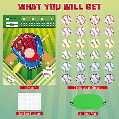 WERNNSAI Pin The Baseball on The Glove Game - Sport Birthday Party Decorations Baseball Party Games Poster with 24 Pcs Stickers for Kids Boys Family Birthday Carnival Supplies - style: Baseball