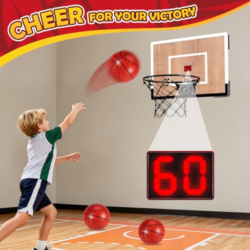 NZQXJXZ Indoor Basketball Hoop for Kids, Mini Basketball Hoops Over The Door and Wall Mount with Wooden Backboard, 3 Balls and Pump, Idea Toys Gifts for Kids and Adult,Score Version