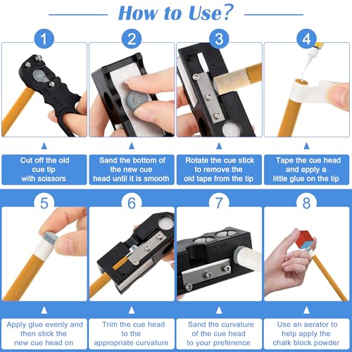 23Pcs Pool Cue Tips Replacement Kit, 11-in-1 Billiards Pool Cue Tip Shaper, 2 Chalk Cubes 6 Ferrules 6 Cue Tips 2 Blades 2 Wrenches 1 Scissors 1 Tape 1 Glove 1 Instruction Manual for Billiard