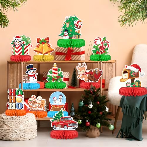 Christmas Party Decorations: Festive Christmas Honeycomb Centerpieces, Santa & Snowman Table Toppers - for Classroom, Winter Birthdays & Holiday Party Supplies - style: Christmas tree