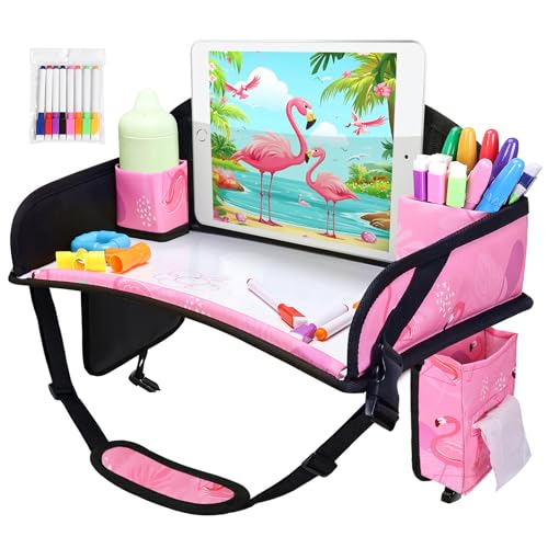 Kids Travel Tray, Car Seat Tray for kids Travel, Toddler Road Trip Essentials With Drawing Kit, Toddler Lap Desk Organizer for Car, Carseat Table for Airplane - color: Light Pink