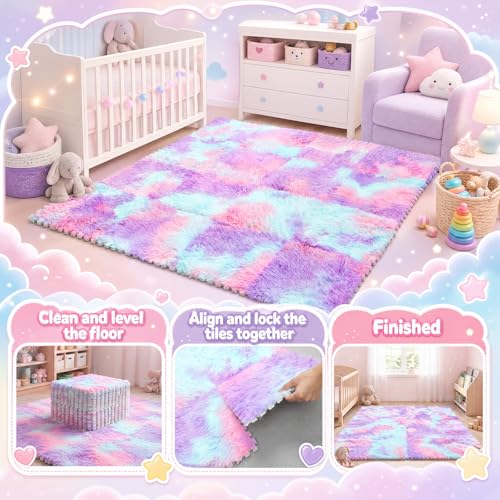 16 Pcs Blue Purple Faux Fur Floor Tiles, 11.8 x 11.8 in Puzzle Girls Play Soft Tiles, 1.5 Inch Shaggy Square, EVA Foam Floor Mat for Nursery, Playroom, Bedroom, Toddler Room, Daycare - color: Blue Purple
