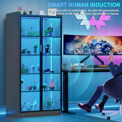 Lvifur 65" Display Cabinet with Lights, 5 Tier Curio Cabinets Bookcase with Adjustable Shelves, Tall Storage China-Cabinet with Human Body Induction for Living Room, Gift for Father (Grey) - color: Grey