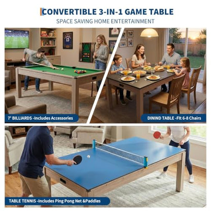 Garvee 7FT 3 in 1 Pool Table with Dining & Table Tennis Top, Multi-Game Table with Accessories (Balls, Cues, Ping Pong),Convertible Billiards and Table Tennis,HDF Wood Grain Finish & Chrome Accents - color: Green
