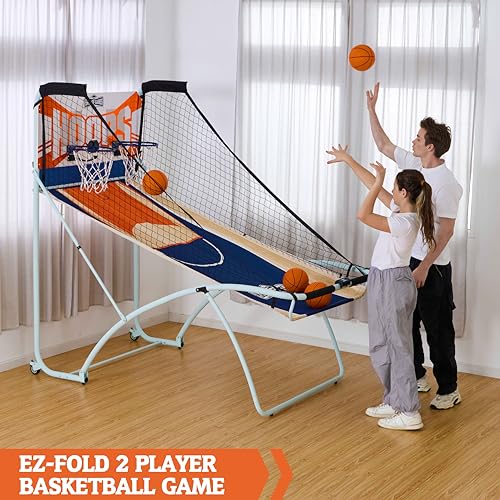 Hall of Games EZ Fold Premium Indoor Arcade Basketball Game with Steel Frame and Polycarbonate Backboard, Dual Shot Electronic Scoring with 6 Size 3 Balls Included, Perfect for Basement Game Rooms - style: EZ-Fold (Classic Dual-Shot)
