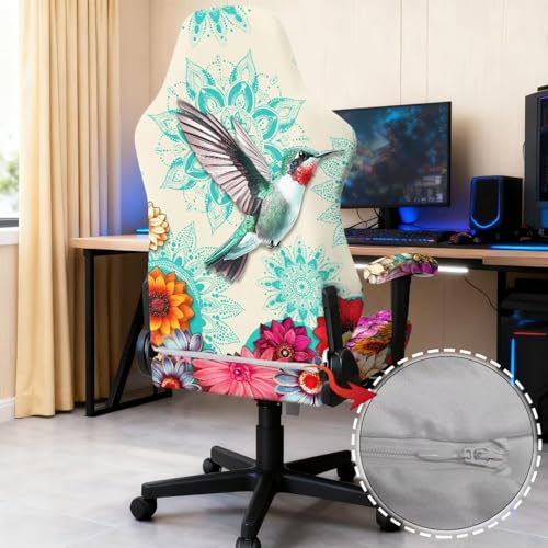 Suobstales Boho Mandala Hummingbird Pattern Gaming Chair Covers, Stretchable Office Computer Chair Slipcover with Armrest Covers, Elastic Seat Protector for Office Reclining Racing Game Chair - color: Boho Mandala Hummingbird