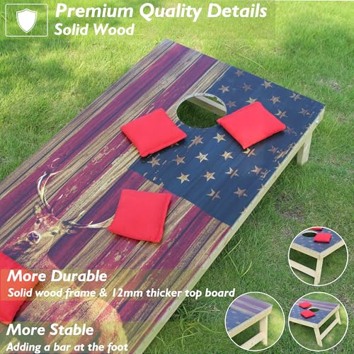 LED Cornhole Board Set 4FTx2FT Solid Wood Regulation Size Cornhole Set with LED Lights Includes 8 Cornhole Bags for Adults (USA Flag & Deer, 4'x2')