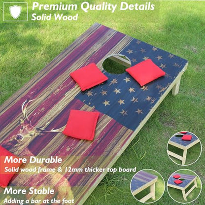 LED Cornhole Board Set 4FTx2FT Solid Wood Regulation Size Cornhole Set with LED Lights Includes 8 Cornhole Bags for Adults (USA Flag & Deer, 4'x2')