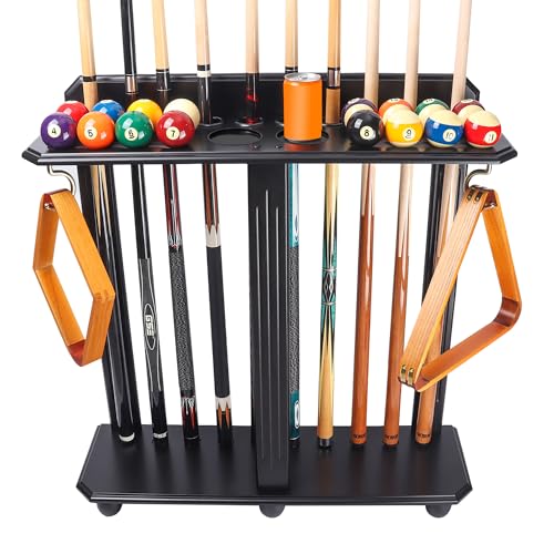 GSE Games & Sports Expert Corner-Style Floor Stand Billiard Pool Cue Racks with Score Counters, Holds Pool Cue Sticks, Balls Set, Ball Racks - color: Black, style: 10 Cue, Rectangle Rack