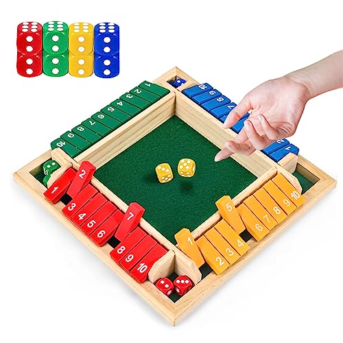 1-4 Players Shut The Box Dice Game, 10 Numbers Traditional Wooden Pub Bar Board Family Table Mat Game Dice for Adults - color: Multicolor, size: 8.7in