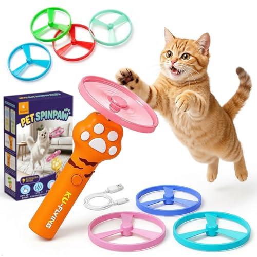 Cat Fetch Toy Auto Launcher 6 Discs 30m Range USB-C Rechargeable | Upgraded automatic disc launcher with 6 premium discs (3 glow). 30m range, USB-C rechargeable. Interactive indoor cat toy.