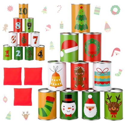 HyDren 13 Pcs Christmas Carnival Can Bean Bag Toss Games for Kids Adults Throwing Can Game for Birthday Family Festive Holiday Homeschooling Backyard Indoor Outdoor Supplies - style: Christmas