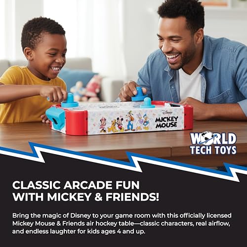 Disney Mickey Mouse, Minnie, Donald, Daisy & Goofy Air Hockey Table for Kids - Wooden Tabletop Game with Puck, Pushers & Air Flow System - Disney Licensed - 4+