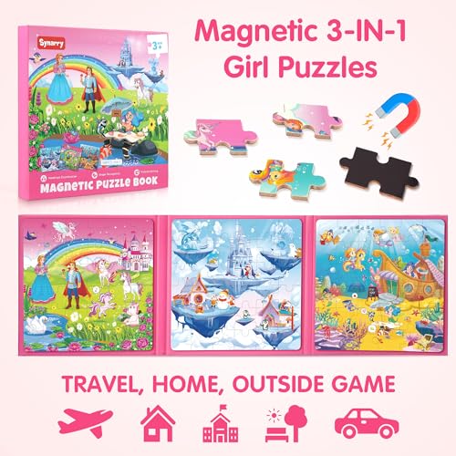 SYNARRY Unicorn Princess Mermaid Magnetic Puzzles for Toddlers 3-5, 36 Pieces Travel Puzzles for Kids Ages 4-8, Easter Basket Stuffers Gifts for Kids, Car Airplane Road Trip Activities Toys - style: Princess Mermaid