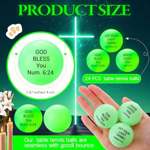 Soulchen 24 Pcs Christian Glow in The Dark Table Tennis 40mm Jesus Bible Verse Balls Bulk Luminous Neon Ball Christian Gifts for Holiday Halloween Party Favor Church Activities, Basket Filler