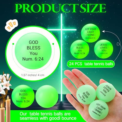 Soulchen 24 Pcs Christian Glow in The Dark Table Tennis 40mm Jesus Bible Verse Balls Bulk Luminous Neon Ball Christian Gifts for Holiday Halloween Party Favor Church Activities, Basket Filler