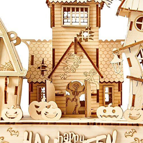 3D Wooden Puzzles Halloween House Kits Includes Light Strip, Brainteaser and Puzzle for Halloween/Birthday,Gifts for Adults and Teens to Build Combination - style: Halloween House