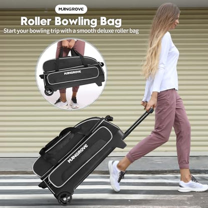 Mangrove 3 Ball Bowling Bag with Wheels & Shoe Compartment, Deluxe Bowling Ball Bag 3 Ball Roller, Rolling Triple-Ball Bag w/Accessory Pocket & Retractable Handle Extends to 40'' - color: Black