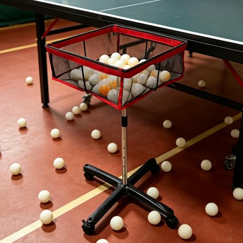 TNZMART Ping Pong Ball Pickleball Holder with Wheels, Height Adjustable Ping Pong Storage Cart, Portable Table Tennis Ball Collection Basket for Indoor Outdoor Training Practice