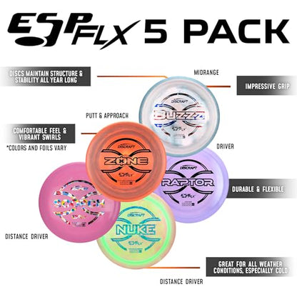 Discraft ESP FLX Winter Overstable Five Pack - Cold Weather Starter Set | Perfect for Men, Women, & Kids | Including Zone, Buzzz, Scorch, Nuke, Raptor