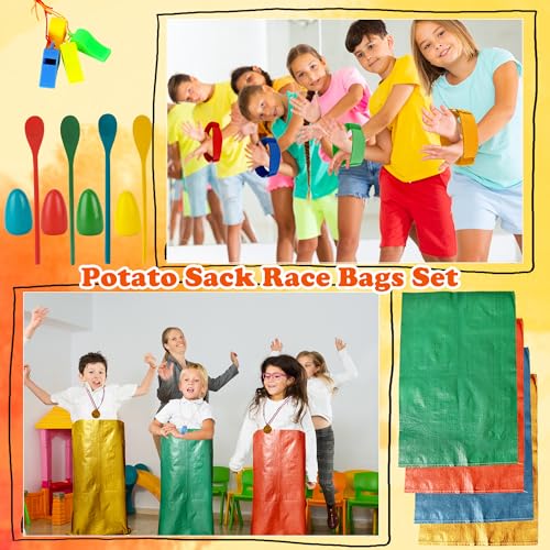 45 Pcs Potato Sack Race Bags Set Include Potato Sacks 3-Legged Race Bands Bean Bag Tent Nails Medals Egg Spoon Whistles Lawn Outdoor Relay Race Games Party for Kids Adults Field Day Family Birthday