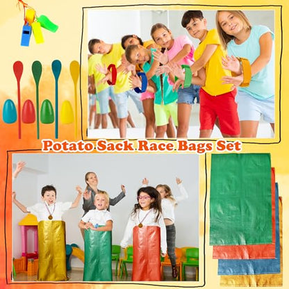 45 Pcs Potato Sack Race Bags Set Include Potato Sacks 3-Legged Race Bands Bean Bag Tent Nails Medals Egg Spoon Whistles Lawn Outdoor Relay Race Games Party for Kids Adults Field Day Family Birthday