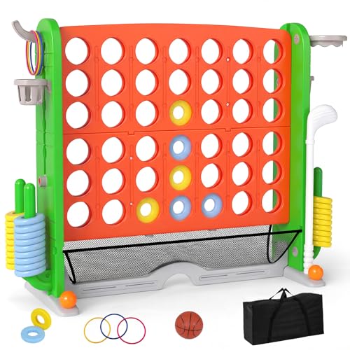 OLAKIDS Giant Connect Game Outdoor, 4 in A Row with Adjustable Height, Mesh Net, Carry Bag, Golf, Basketball Hoop, Ring Toss, Cup Holder for Kids Adults Indoor Backyard (Orange) - color: Orange