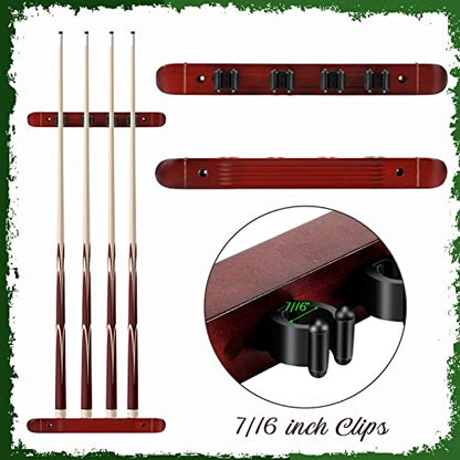 Hanaive 2 Piece 4 Pool Cues Wood Wall Rack with Clips Wall Mounted Hardwood Billiard Pool Cue Rack Finish Hardwood Cue Sticks Rack Billiard Stick Wall Rack with 4 Cue Clips for Billiard