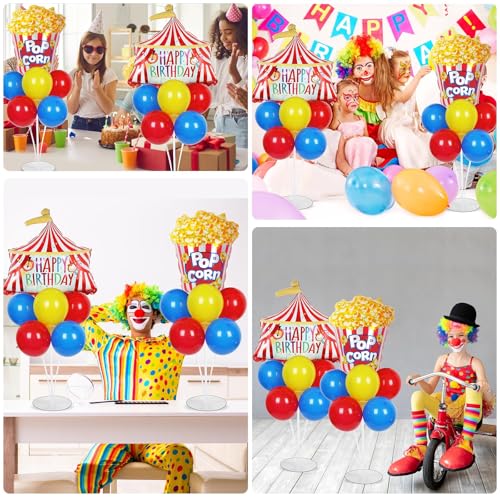 Carnival Circus Birthday Party Balloons Stand Kit 2 Sets with 2 Circus Tent Popcorn Foil Balloons Plim Themed Red Blue Yellow Balloon Centerpiece for Tables for Carnival Birthday Party Decorations - style: Carnival Circus