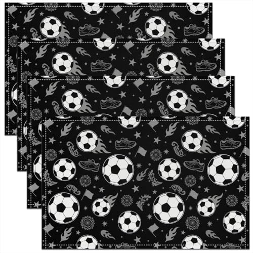 Soccer Kids Placemats Set of 4,Ball Sport Games Competition Table Place Mats,Star Dot Geometric Honeycomb Hexagon Kitchen Decor,Black White Placemat Kitchen Table Decoration 12"x18" - color: Black White