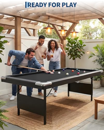 6,7 Foot Foldable Pool Table, Portable Billiards Table with Full Accessories Set, No Assembly, Metal k-Shaped Legs, Includes 16 Balls, 2 Cue Sticks, Chalk, Rack & Brush, Game Room Table for Home, Apar - size: Black-7FT
