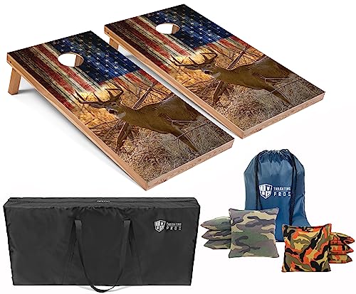 Tailgating Pros American Themed Lightweight Corn Hole Board Set w/Bean Bags and Carrying Case - 4'x2' Cornhole Toss - color: Deer/American Flag