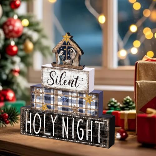 DIYDEC 4Pcs Christmas Table Decoration Christmas Jesus Wooden Block Sign Xmas Tiered Tray Decor Winter Centerpiece Decorative Sign for Holiday Tabletop Coffee Fireplace Shelf Desk Party Decor - style: Blue Jesus