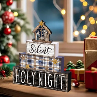 DIYDEC 4Pcs Christmas Table Decoration Christmas Jesus Wooden Block Sign Xmas Tiered Tray Decor Winter Centerpiece Decorative Sign for Holiday Tabletop Coffee Fireplace Shelf Desk Party Decor - style: Blue Jesus