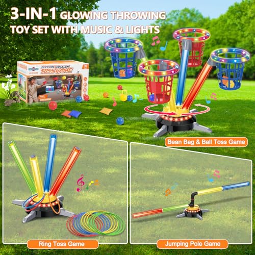 TERRAMUS 3 in 1 Bean Bag Ring Toss Game for Kids, Rechargeable Musical Jumping Games w/LED Light & Remote, Electric Spinning Base, Sandbags, Rings, Carnival Indoor Outdoor Sport Toy for 3+ Boys Girls