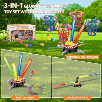 TERRAMUS 3 in 1 Bean Bag Ring Toss Game for Kids, Rechargeable Musical Jumping Games w/LED Light & Remote, Electric Spinning Base, Sandbags, Rings, Carnival Indoor Outdoor Sport Toy for 3+ Boys Girls