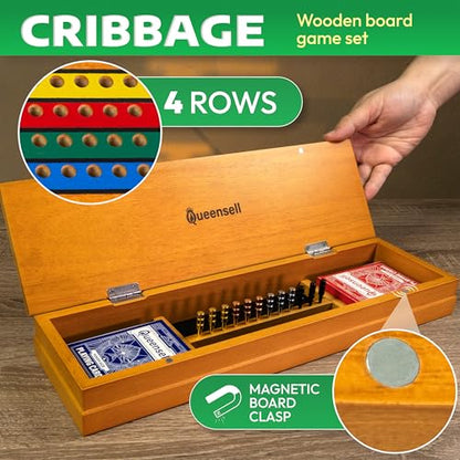 Cribbage Board Game Set with Storage – Wooden 4 Track Cribbage Board for 2–4 Players with Metal Pegs & Playing Cards – Classic Travel & Home Board Game