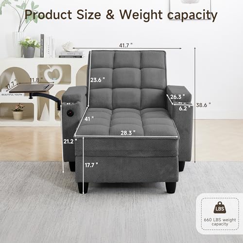 oaaktu Modern Tufted Linen Fabric Chaise Lounge Sofa Chair with Rotating Side Table,Storage,Pillow,USB Charging Ports and Adjustable Backrest Perfect for Living Room, Small Spaces (12-Dark Gray) - color: 12-dark Gray