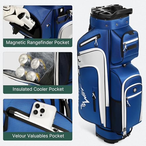 uniHimal Golf Cart Bag with 14-Way Full-Length Dividers, Golf Bag for Men Women with Magnetic Leather Pocket, Handles and Rain Cover, Lightweight Golf Club Bag Includes Cooler Pockets - color: White Blue