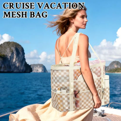 GYEUKHAM Mesh Beach Bag for Women, Sand-Resistant Pool Tote, 9 Pockets (1 Inner Zip), Foldable Family Travel Essentials - color: L-checkered Khaki