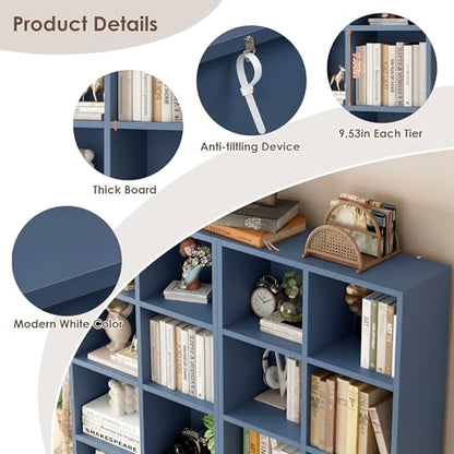 FOTOSOK 71'' Tall Bookshelf with 14 Cubes, 7 Tier Double Wide Bookshelf with 6 Adjustable Shelves, 19.6" Narrow Bookcase DVD/CD Media Storage Shelf, Space Saving Display Shelf Cabinet, Blue - color: Blue
