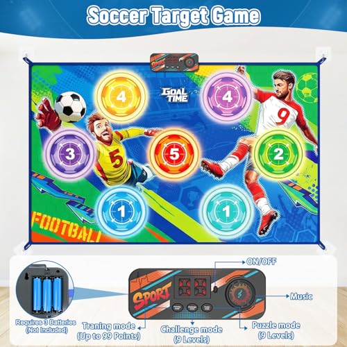 Electronic Scoring Soccer Toy Game Mat Set for Kids, Indoor Outdoor Toss Soccer Target Game with Real-Time Score, 2 Soft Soccer & Goal, Birthday Gifts for 3-5/6-8/8-12 Years Old Boys Girls