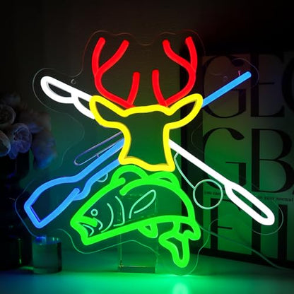 Deer Hunting Neon Sign for Wall Decor, Deer Head Led Signs for Bedroom, USB Dimmable Fish Hook Neon Lights for Man Cave Cabin Wall Accent Bar Home Pub Wildlife Hunting Wall Art - style: Deer Fish