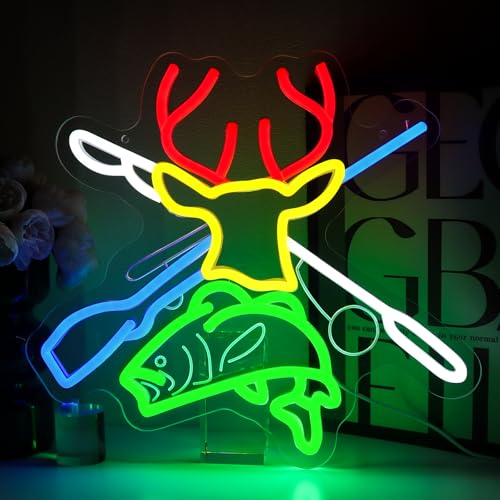 Deer Hunting Neon Sign for Wall Decor, Deer Head Led Signs for Bedroom, USB Dimmable Fish Hook Neon Lights for Man Cave Cabin Wall Accent Bar Home Pub Wildlife Hunting Wall Art - style: Deer Fish