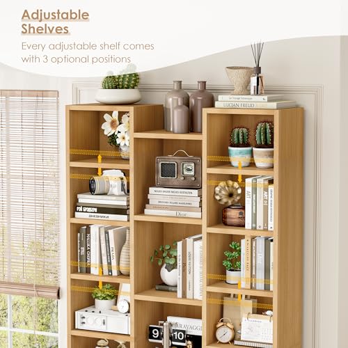 FOTOSOK 71'' Tall Bookshelf with 21 Cubes, 8 Tier Triple Wide Bookshelf with 8 Adjustable Shelves, 35" Wood Bookcase DVD/CD Media Tower Storage, Freestanding Display Shelf Cabinet, Natural - color: Natural